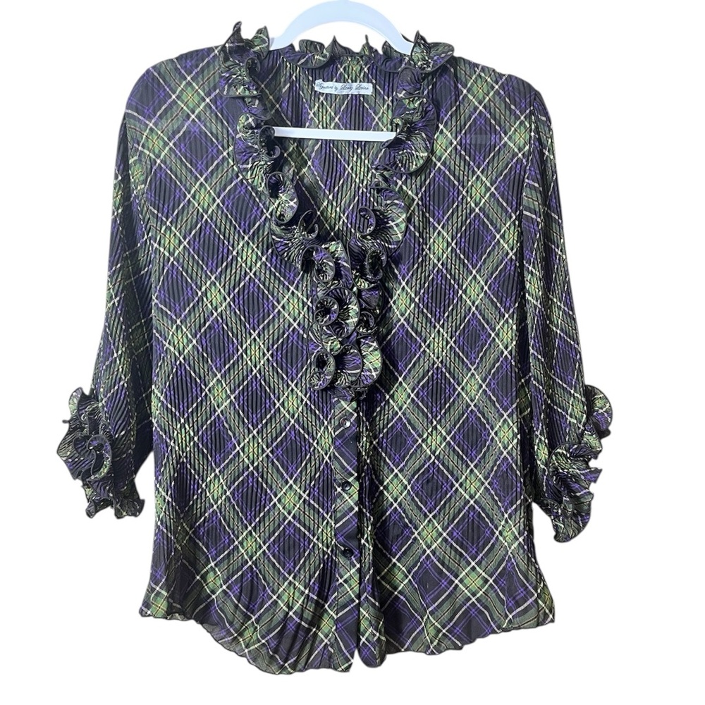 Signature by Larry Levine Plaid Ruffle Blouse M Pleated Whimsygoth Coquette